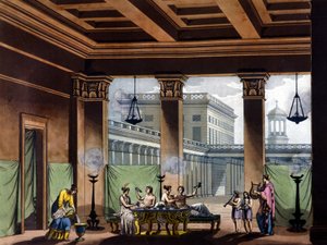 トリクリニウムは、古代ギリシャの石油ランプを点灯: 宴会シーン - 古いものと現代的な衣装で Jules Ferrario、ed. ミラノ 作： Giulio Ferrario