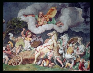 アキレスはヘクトルの遺体を戦車に引きずり、サラディトロイアの天井から詳細を描いた、1538年頃 作： Giulio Romano
