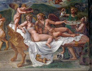キューピッドとプシュケ、ベッドに横たわる娘ヴォルプタ（快楽）、ジュリオ・ロマーノ（1499-1546）によるフレスコ画「婚礼の宴」または「神々の宴」の細部、イタリア・ロンバルディア州マントゥアのパラッツォ・テ（2008年ユネスコ世界遺産登録）。