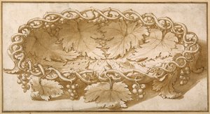 楕円形のフルーツボウルのデザイン（紙にペンと茶色のインク、茶色のウォッシュ）。 作： Giulio Romano