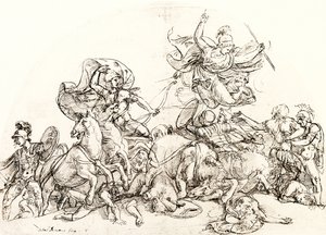 パンダロスに負傷したディオメデスはパラス・アテネに慰められる 作： Giulio Romano