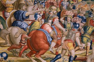 フランダースのタペストリー。 シリーズ The Acts of Scipio: The Battle at Zama. 漫画家のジュリオ・ロマーノ。 Balthasar van Vlierden (?) のアトリエ、ブリュッセル。 1523-1532。 詳細。 作： Giulio Romano