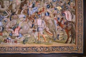 フランダースのタペストリー。 シリーズ The Acts of Scipio: The Battle at Zama. 漫画家のジュリオ・ロマーノ。 Balthasar van Vlierden (?) のアトリエ、ブリュッセル。 1523-1532。 詳細。 作： Giulio Romano