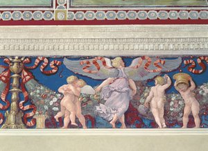 カメラコンからのフリーズキューピッドのフレジオディアモリーニチャンバーレスリングキューピッドの詳細、1520年代のフレスコ画 作： Giulio Romano