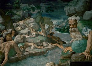 オリンポスを襲撃しようとした巨人が落石で潰される（フレスコ画） 作： Giulio Romano