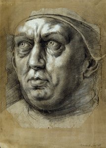 教皇レオ10世の頭部（紙に白と黒のチョーク 作： Giulio Romano