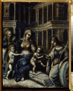 「聖カタリナのいる聖家族」ジュリオ・ピッピ・デ・ヤヌッツィの絵画ジュリオ・ロマーノ (ジュール・ロマン) (1499-1546) 16 世紀の地方美術館、タンボフ、ロシア 作： Giulio Romano