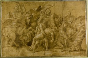パトロクロスの遺体を抱くメネラウス 作： Giulio Romano