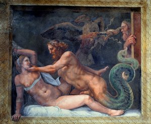オリンピアは木星に誘惑され、その落雷はマケドニアの嫉妬深い王の目を掘るワシに捕らえられ、サラディアモーレエプシェ、1528年から