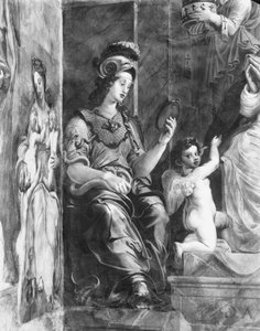 教皇ダマスス1世（c.304-384）ラファエルルーム（詳細）の隣に座っているプルーデンス（252795および252797も参照） 作： Giulio Romano