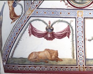 眠っているライオン、1520年代のフレスコ画の詳細 作： Giulio Romano