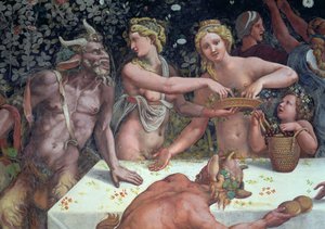2つのサテュロスが見た2つのHorae散乱花、サラ・ディ・アモーレ・エ・プシケのキューピッドとプシュケの結婚を祝う素朴な宴会の詳細、1828年のフレスコ画78427の詳細
