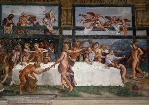 ジュリオ・ロマーノ（1499-1546）によるフレスコ画「神々の婚宴」、イタリア、ロンバルディア州マンチュアのテ宮殿の「キューピッドとプシュケの間」の西壁（2008年ユネスコ世界遺産登録