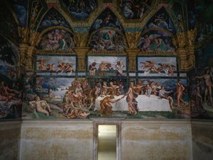 ジュリオ・ロマーノ（1499-1546）によるフレスコ画「神々の婚宴」、イタリア、ロンバルディア州マンチュアのテ宮殿の「キューピッドとプシュケの間」の西壁（2008年ユネスコ世界遺産登録 作： Giulio Romano
