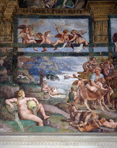 ジュリオ・ロマーノ（1499-1546）によるフレスコ画「神々の婚宴」、イタリア、ロンバルディア州マンチュアのテ宮殿の「キューピッドとプシュケの間」の西壁（2008年ユネスコ世界遺産登録 作： Giulio Romano