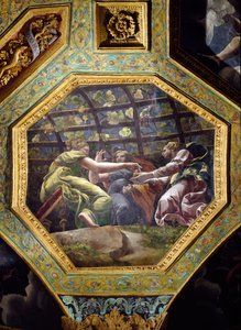 ブドウを集める女性、サラディアモーレエプシェから天井のケーソン、1528年（漆喰に油彩） 作： Giulio Romano