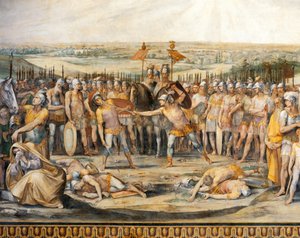ホラティウスとキュリアティの間の戦闘、ジュゼッペ・セザーリ作（1568-1640）、フレスコ画、ホラティウスとキュリアティのホール、音楽院宮殿、ローマ、ローマ王国、イタリア 作： Giuseppe Cesari