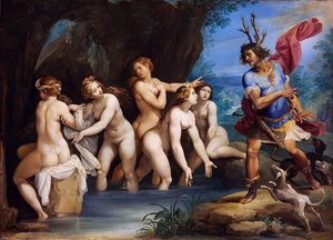 Diana and Actaeon - Giuseppe Cesari (1568-1640) による絵画、銅に油彩、1604 年頃、50x69 cm - Diana and Actaeon、Giuseppe Cesari による銅に油彩 - Szepmuveszeti Muzeum、ブダペスト
