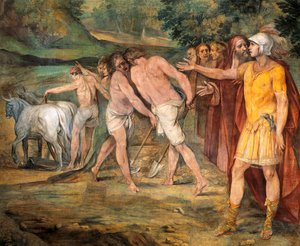 ローマの限界を示すロムルス、ジュゼッペ・セザーリ作（1568-1640）、フレスコ画、ホール・オブ・ホラティとキュリアティ、宮殿音楽院、ローマ、ローマ王国、イタリア