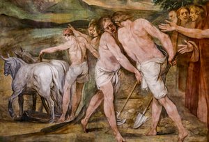 ロムルスはローマの将来の都市の周りの境界線を耕します (詳細) 作： Giuseppe Cesari