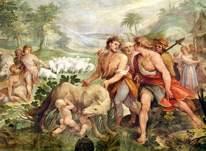 Sala dei Horatii e Curacii (フレスコ画) から、オオカミに乳を飲まされるロムルス 作： Giuseppe Cesari