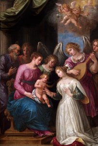 聖カタリナの神秘的な結婚（ウォールナットパネルに油彩） 作： Giuseppe (1568 1640) Cesari