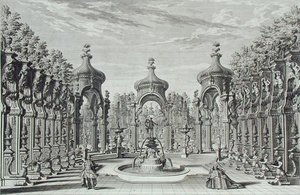 ヨハン・アンドレアス・プフェッフェル（1674-1748）が1740年に出版した『建築家のための演劇入門』より、庭園での娯楽のためのデザイン（エングレーヴィング 作： Giuseppe Bibiena