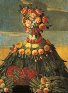 イタリア、フィレンツェ、春、花とさくらんぼのバスケット 作： Giuseppe (follower of) Arcimboldo