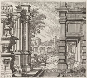 噴水、古典遺跡、橋による建築ファンタジー 作： Giuseppe Antonio Landi