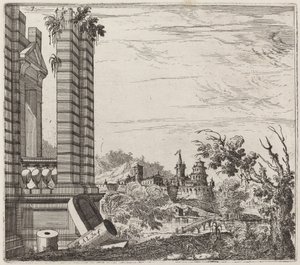 遺跡と城のある幻想的な川の風景 作： Giuseppe Antonio Landi