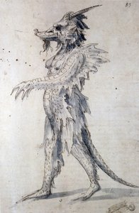 龍のデザイン（紙にペン、青インク、水彩絵具 作： Giuseppe Arcimboldo