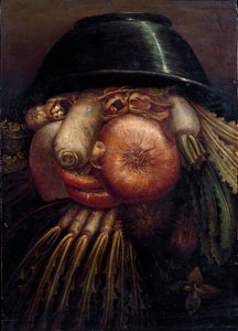 野菜を使った肖像画（ザ・マライヒャー）。表現されている野菜や果物の中には、木の実、大根、キノコ、ニンニク、栗、タマネギ、サラダ、ヘーゼルナッツ、カブなどがあります。ジュゼッペ・アルチンボルディ（アルチンボルド）（1527-1593）の絵画 クレモナ、ピナコテカ・コムナーレ