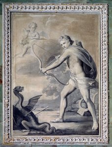 蛇のパイソンを殺すアポロン（モノクロ画 作： Giuseppe Bacigalupo