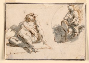 眠っている男と赤ちゃんを持つ母親 作： Giuseppe Bernardino Bison