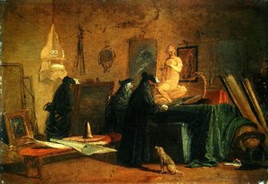 カーニバルの衣装を着た目利きたちが、絵や美術品、科学品のある室内にいる様子（油彩・紙・キャンバス） 作： Giuseppe Bernardino Bison
