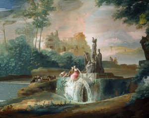 ジュゼッペ・ベルナルディーノ・ビソン（1762-1844）の「架空の風景の中の羊飼いたちのガランとした場面」。