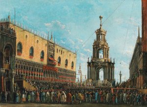 1830年代、ヴェネツィアのドゥカーレ宮殿前で開催されたジョヴェディグラッソ祭。