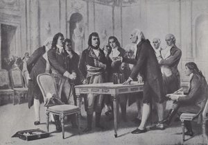 アレッサンドロボルタ、1801年にフランスの最初の領事であるナポレオンにバッテリーを披露 作： Giuseppe Bertini