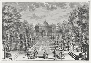 ヨハンアンドレアスフェッフェル（1674-1748）によって彫刻されたArchitectus Theatralis Primariusによる庭園のオペラの舞台、1740年出版 作： Giuseppe Bibiena