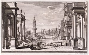 「Architectus Theatralis Primarius」からのバロック様式の柱のある小さな港、1740年公開 作： Giuseppe Bibiena