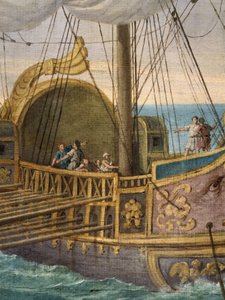 聖地へ向かう聖パウラ（サンタ・パオラ・ロマーナ、347-406年）、ボートの詳細。33歳で未亡人となった彼女は、聖ジェロームに従い、385年に娘のサント・エウストキウムとともに聖地巡礼の旅に出た。ジウセップ作 作： Giuseppe Bottani