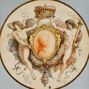 グロテスクとスワッグの装飾的なボーダーを持つ横顔の女性の楕円形の肖像画。 作： Giuseppe Cades
