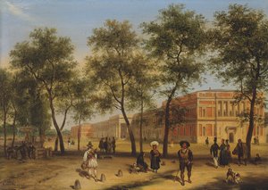 1827年にマドリードでプラド美術館と一緒にプラドのパセオの推定ビュー 作： Giuseppe Canella