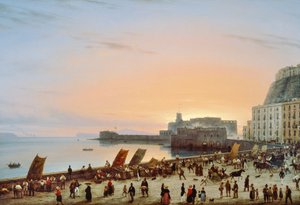 ナポリのウォーターフロントの夕日、1838年頃、ジュゼッペ・カネッラ作（1788-1847）、キャンバスに油彩、90x135cm 作： Giuseppe Canella