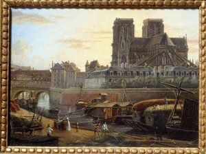 パリのトゥルネル河岸から見たサン・シャルル橋、ホテル・デュー、アルシュヴェーシュ、ノートルダム寺院。ジュゼッペ・カネラ（1788-1847）の絵 EC.ITAL. 作： Giuseppe Canella