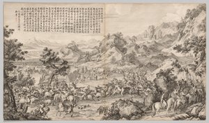 ガタンオラのキャンプを攻撃する：反乱の激怒の戦いのシーンから...、c。 1765-1774。 作： Giuseppe Castiglione