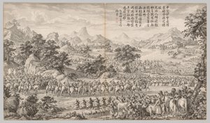 イーライからの降伏を受ける 西域の反乱鎮圧の戦闘シーンから、勅命詩とともに 作： Giuseppe Castiglione