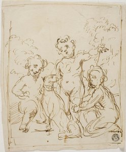 風景の中の3匹のプッティと犬 作： Giuseppe Diamantini
