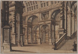 階段のある記念碑的な丸天井のホール、18 世紀の第 2 四半期。 作： Giuseppe Galli Bibiena