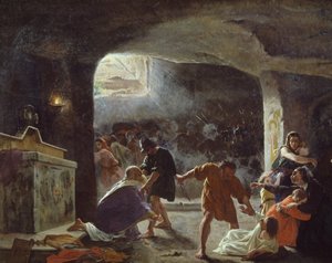 カタコンベで殺された最初のキリスト教徒、ジュゼッペ マンチネリ (1813-1875) の絵 作： Giuseppe Mancinelli